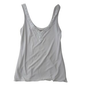 Jockey Tank Top White Crochet Lace Trim Soft‎ Girl Minimalist Womens Size Medium